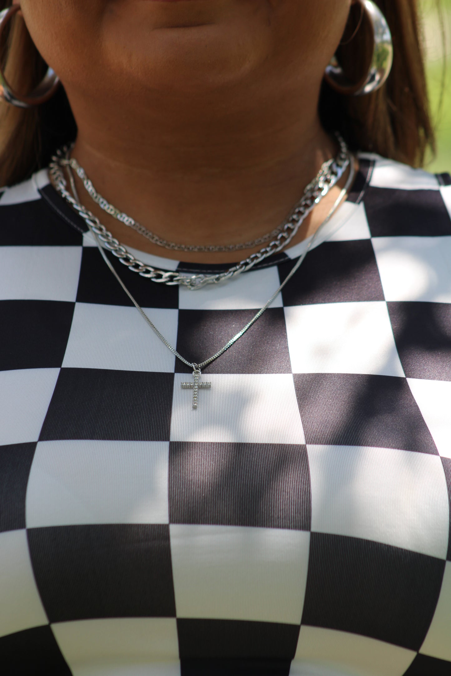 Plated Cross Pendant Multi Layer Stacked Chains Necklace