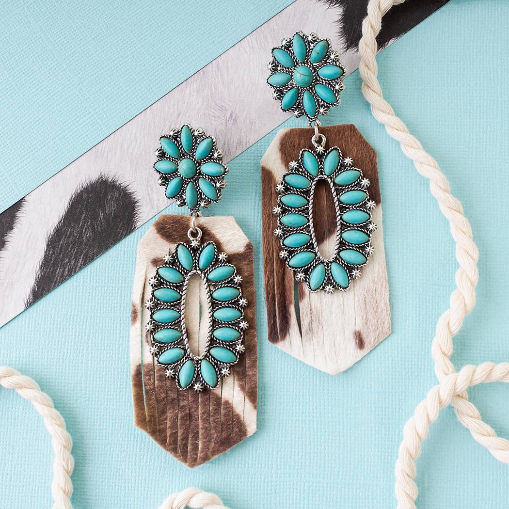 Turquoise Flower and Leopard Earrings - Brown