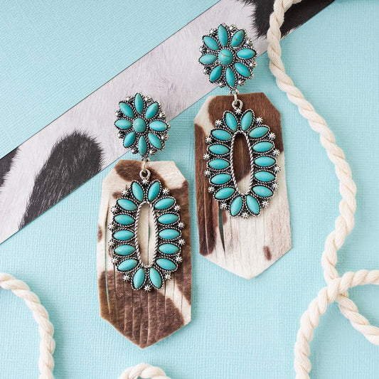Turquoise Flower and Leopard Earrings - Brown