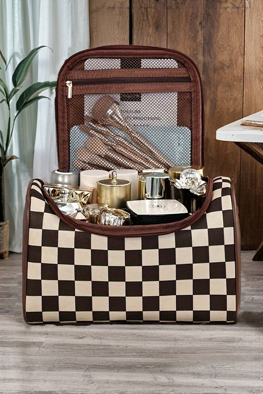 Checkered PU Leather Zipper Makeup Bag 9.6"*6.1"*6.1"