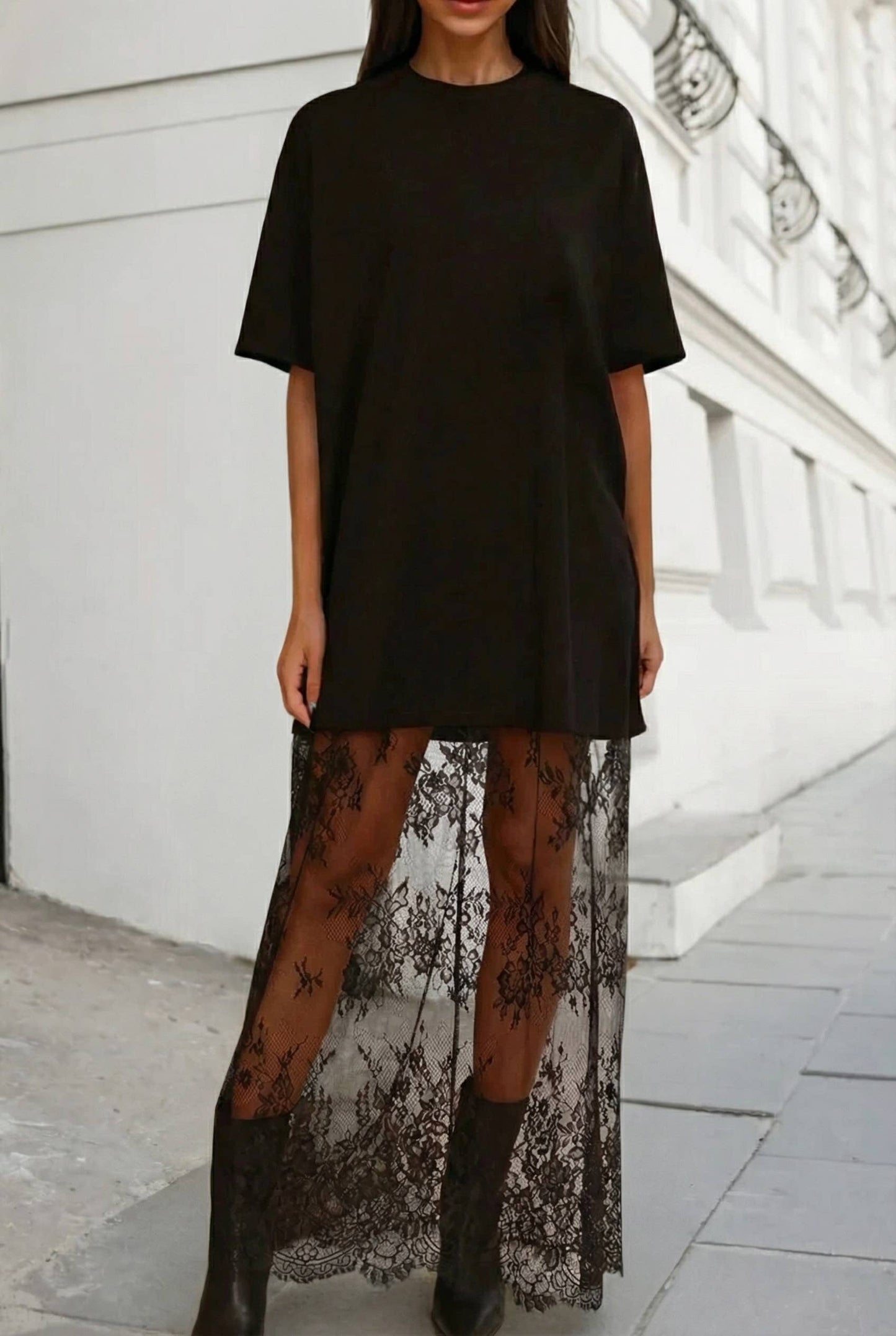 Lace Patchwork Short Sleeve Maxi Dress