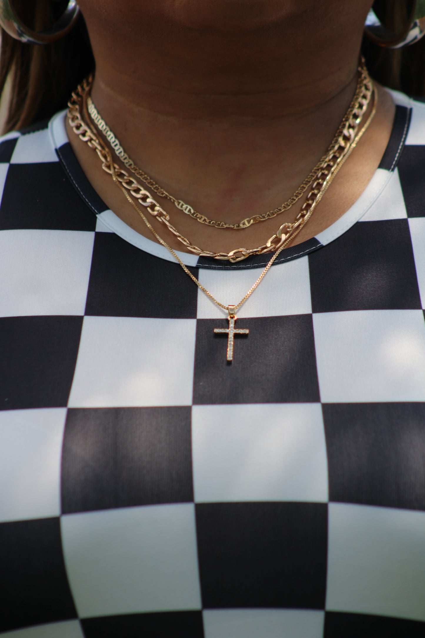 Plated Cross Pendant Multi Layer Stacked Chains Necklace