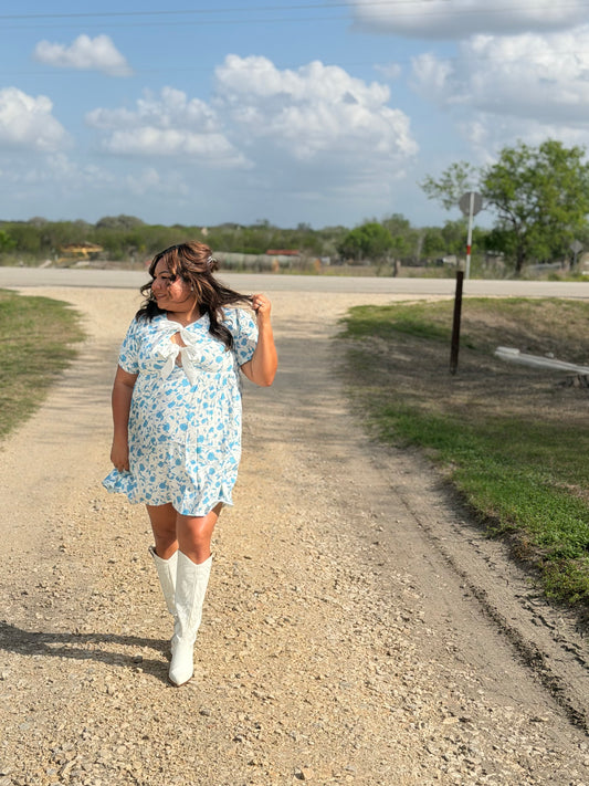 White-Blue Bow Floral Dress